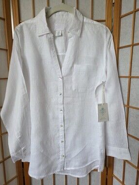 NWT WOMENS SIGRID OLSEN WHITE 100% LINEN BUTTONS DOWN CROCHETED SHIRT MEDIUM